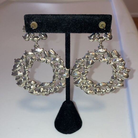 NWOT Handcrafted Large Round Crystal & Silver-tone Earrings with Post Closure. - Picture 2 of 6
